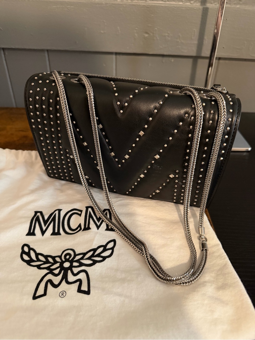 MCM Black Leather Studded with Swarovski Crystals Crossbody with Silver Chain - Picture 2 of 16